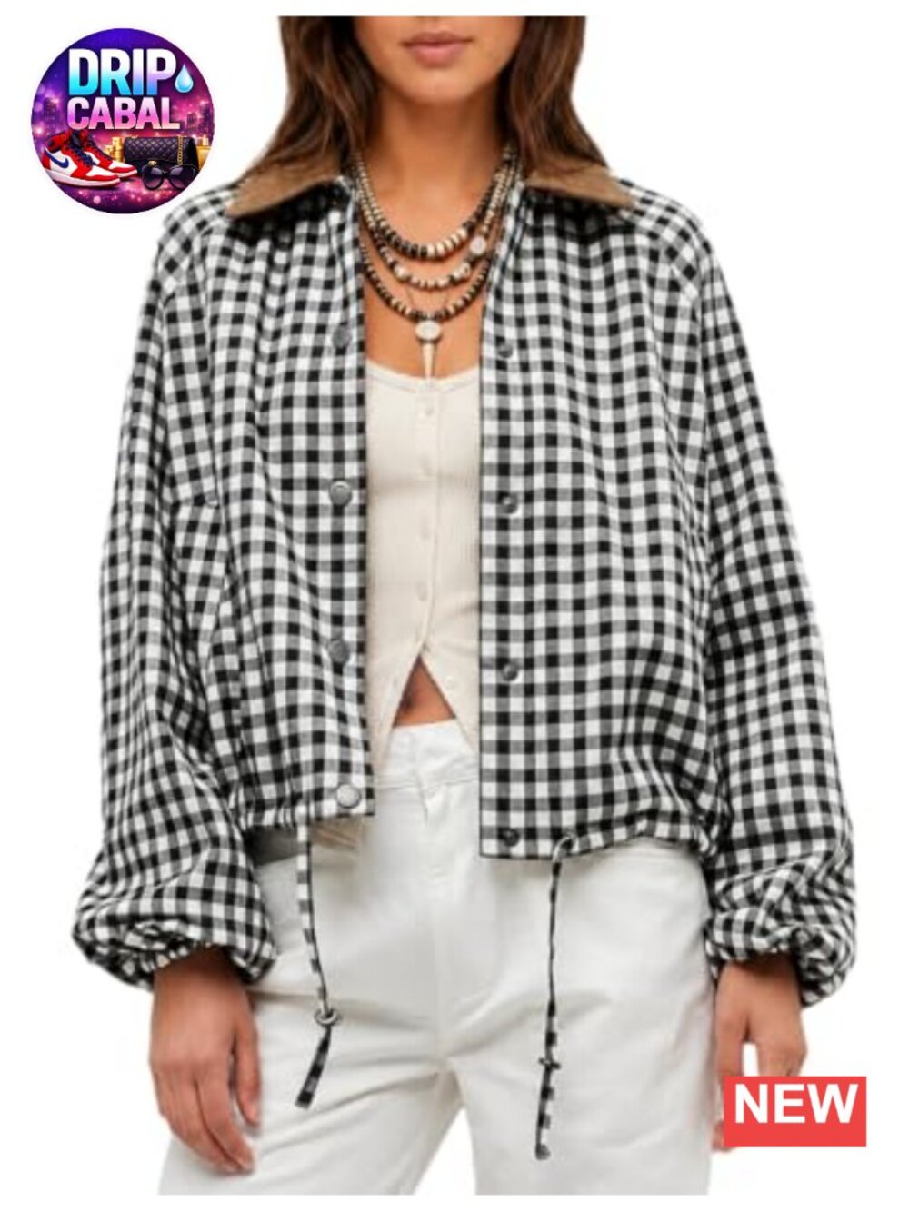 Womens Gingham Plaid Cropped Bomber Jacket Corduroy Collar Snap Button